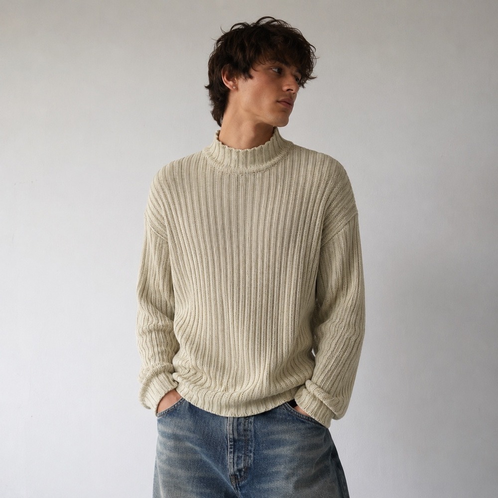 Y2K Vtg Point Zero XL Men Beige Ribbed Knit Mock Neck Sweater Pullover Fisherman